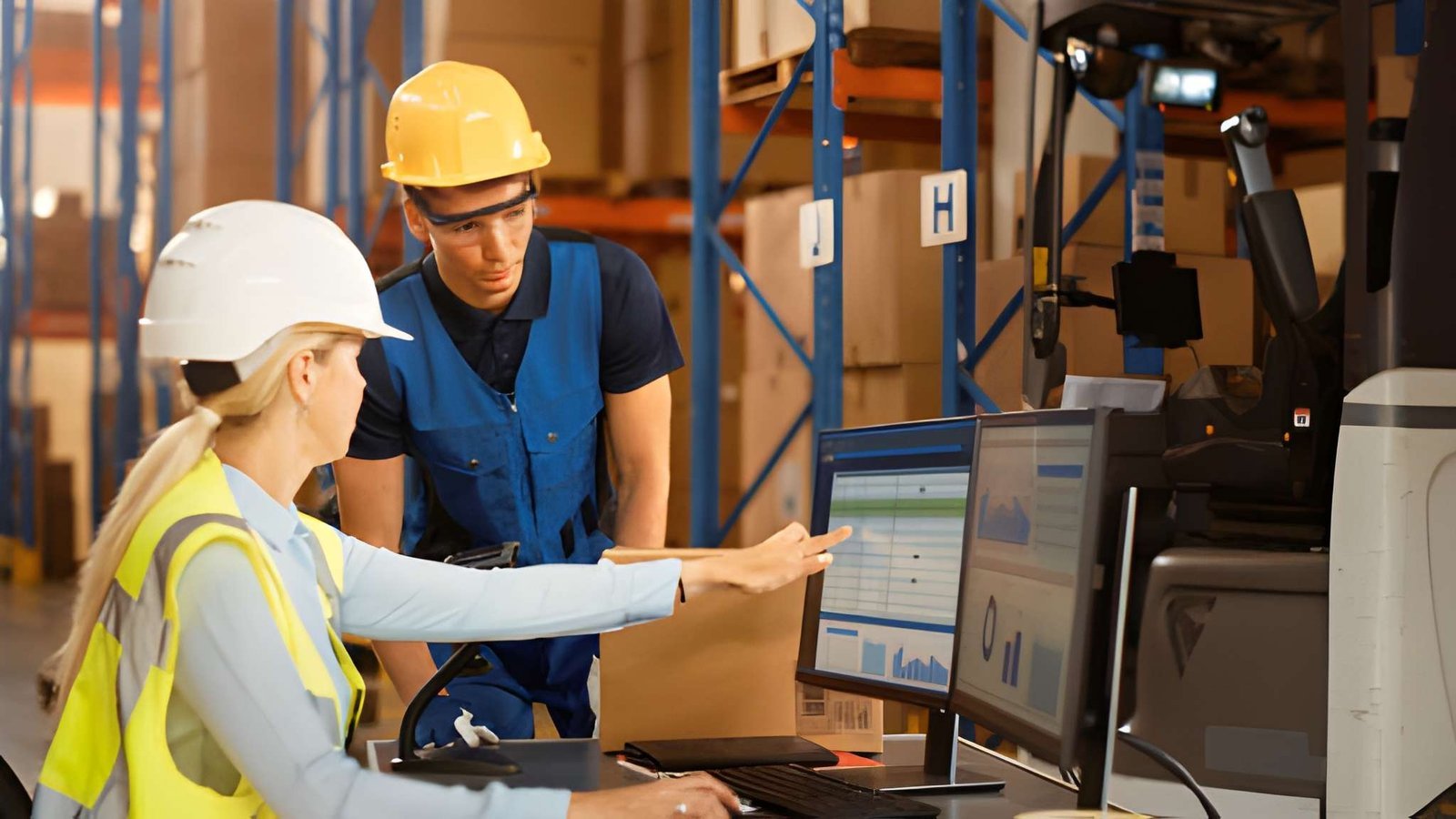 Warehouse team in hard hats reviewing shipment details together at a workstation