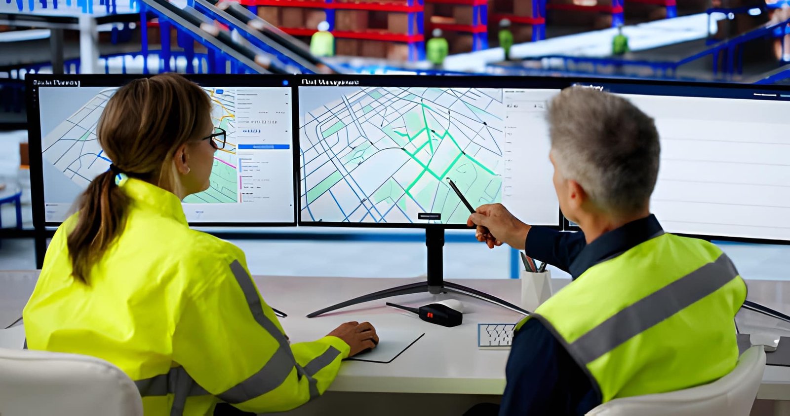 Two dispatchers in safety vests monitoring live route maps on multiple screens at a logistics control desk