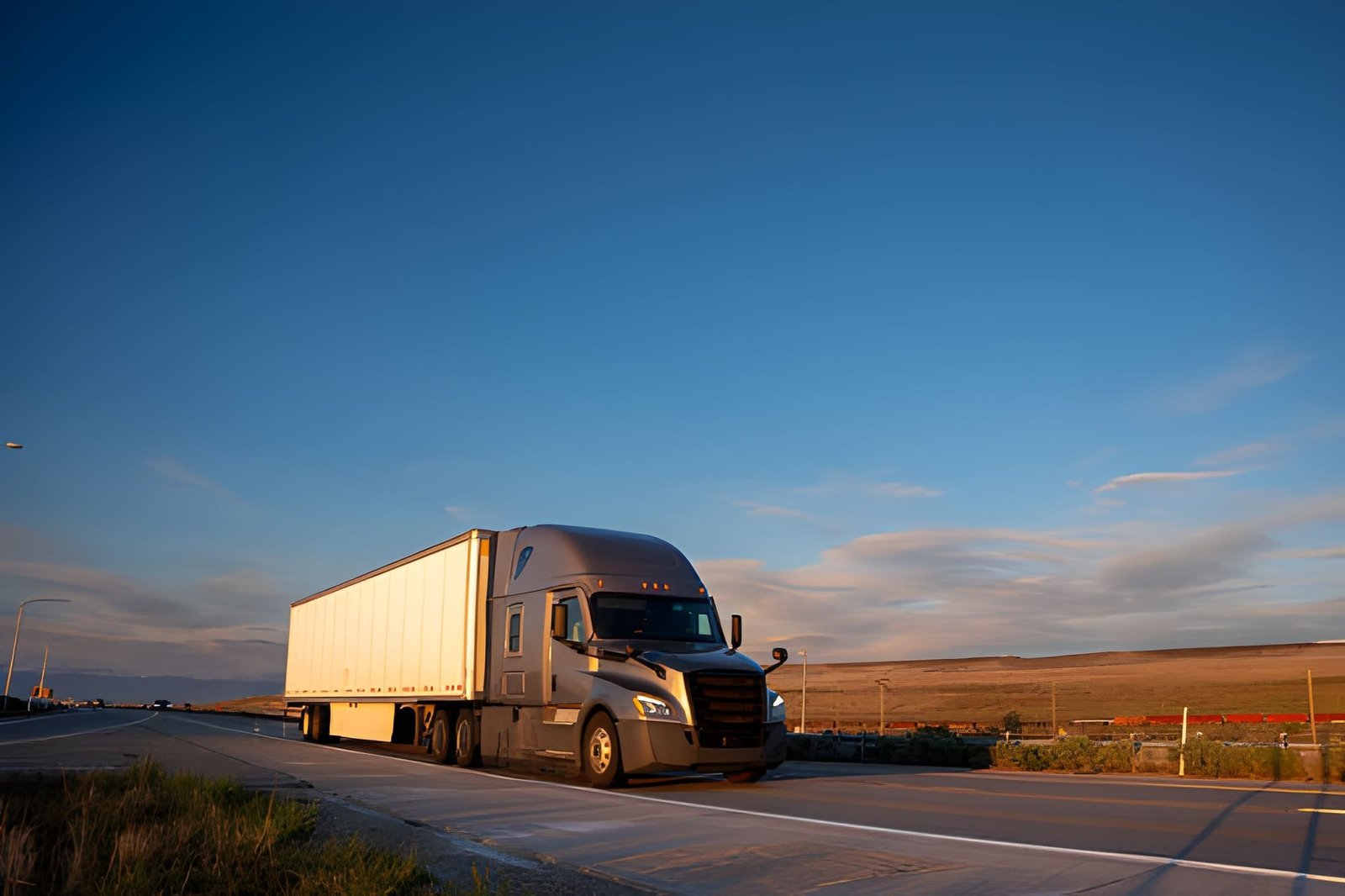 Semi truck travelling an open highway at dusk under a wide sky