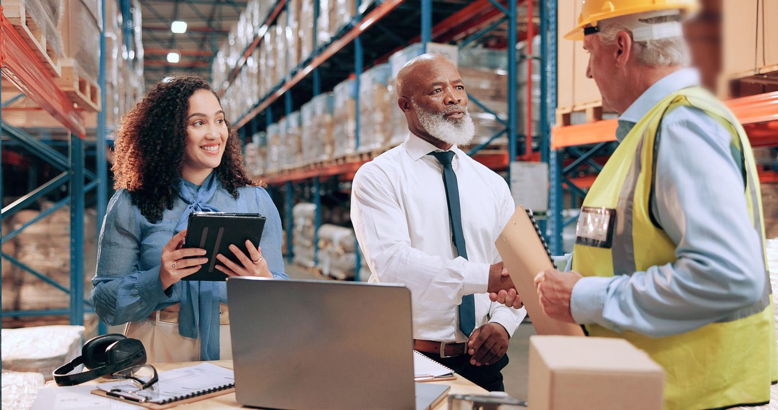 Freight broker in a suit shaking hands with a warehouse worker in a hard hat and safety vest